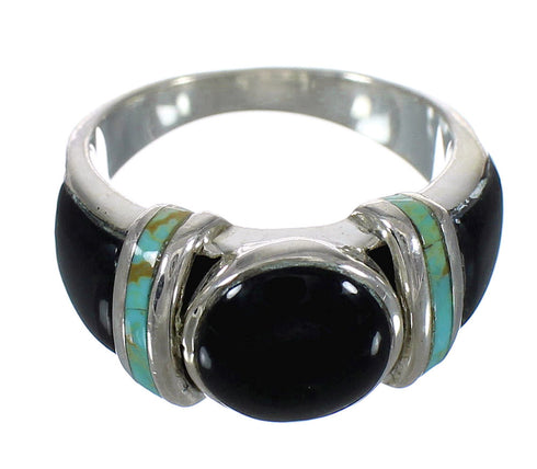 Genuine Sterling Silver Turquoise And Jet Inlay Southwestern Ring Size 5-1/2 AX82626